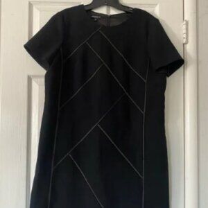 Lafayette 148 New York Black Henora Wool Shift Dress w/ Charmeuse Piping Size L